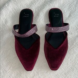 A New Day Burgundy Velvet Mules with Rhinestone Straps